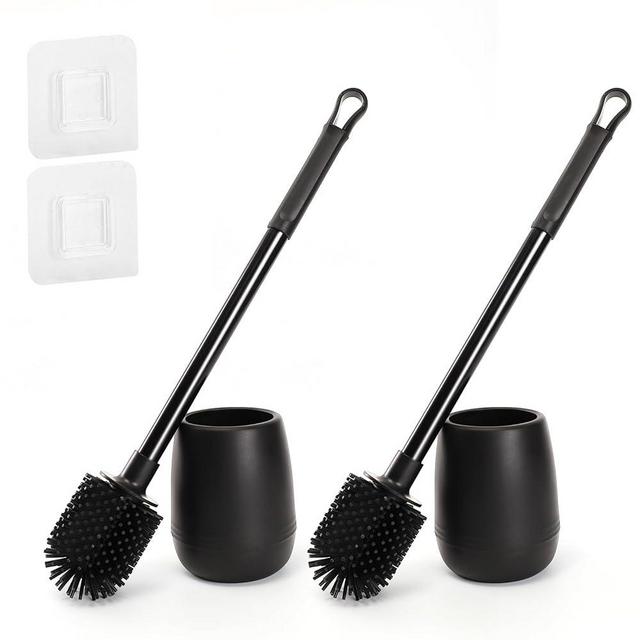Silicone Toilet Bowl Brush and Holder 2 Pack Long Handle Toilet Brush for Bathroom Flexible Silicone Toilet Brush Set for Domestic Deep Cleaning Under Rims （Black）