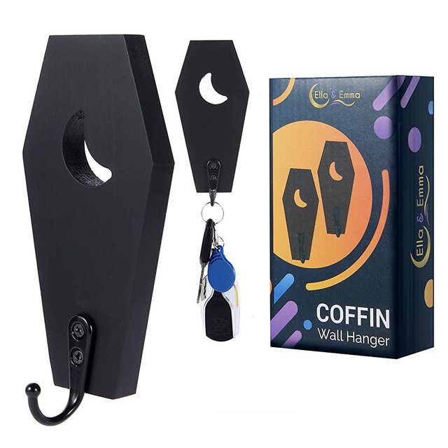 Coffin Key Holder (Pack of 2) Spooky Gothic Decor for Wall - Rustic Black Wooden Hanger Hooks for Keys, Mugs, Purse - Wall Mounted Mini Coffin Hangers Decoration for Moon Shelf, Mirror by Ella & Emma