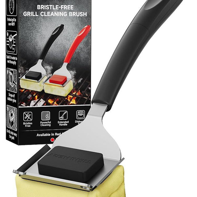 Bristle Free Grill Brush with Scraper for Outdoor Grill Cleaning, Safe Steam BBQ Grill Cleaner, Replaceable Head, Grilling Accessories for Cast Iron, Stainless Steel, Porcelain, Ceramic Grates - Black