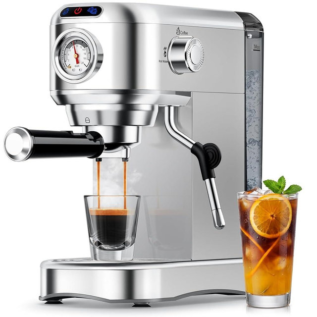 Espresso Machine 20 Bar, Compact Espresso Coffee Machine with Milk Frother, Stainless Steel Coffee Maker with 34oz Removable Water Tank, Cappuccino Machine for Home, Office, Fathers Day Dad Gifts