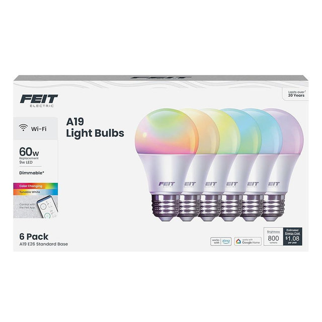 Feit Electric A19 Smart LED Light Bulb, 60W Equivalent, Dimmable, RGBW Color Changing, Alexa & Google Home Compatible, 2.4GHz Wi-Fi Enabled, 800 Lumens, 25,000-Hour Lifetime, OM60/RGBW/CA/AG/6, 6-Pack