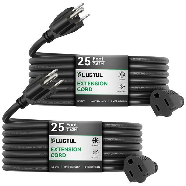 PLUGTUL 2-Pack Extension Cord 25 FT, 16/3 Outdoor Extension Cord Waterproof, Heavy Duty 3 Prong Extension Cord Black, 13A 1625W SJTW, ETL Listed, Great for Garden and Home