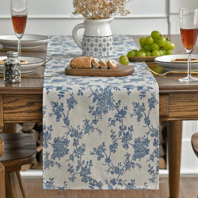 Artoid Mode Monochrome Sketch Branch Toile Textures Chinoiserie Cotton Table Runner, Seasonal Retro Vintage Kitchen Dining Table Decoration for Home Party Decor 13x90 Inch