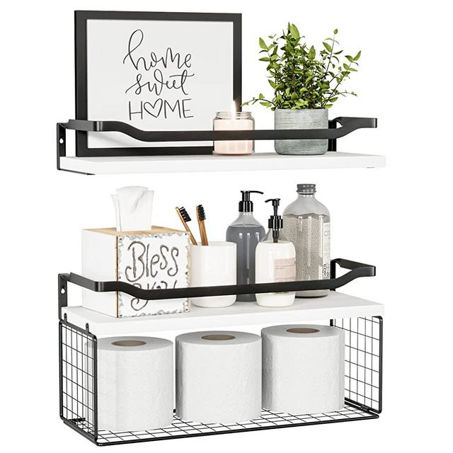 WOPITUES Floating Shelves with Wire Storage Basket, Bathroom Shelves Over Toilet with Protective Metal Guardrail, Wood Wall Shelves for Bathroom, Bedroom, Living Room, Toilet Paper- Black and White