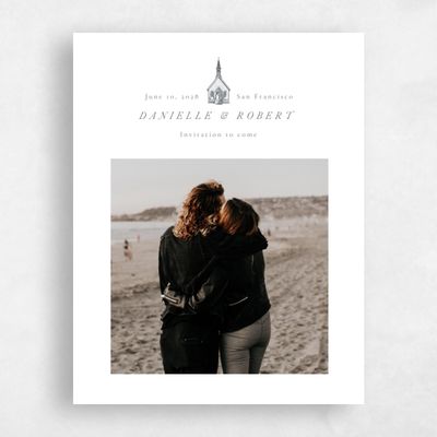 Charcoal, White Wedding Save the Date - Rustic Church Photo