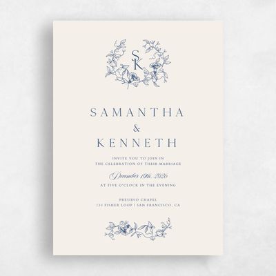 Dark Cobalt, Blue Wedding Invitation - Plumeria Classic