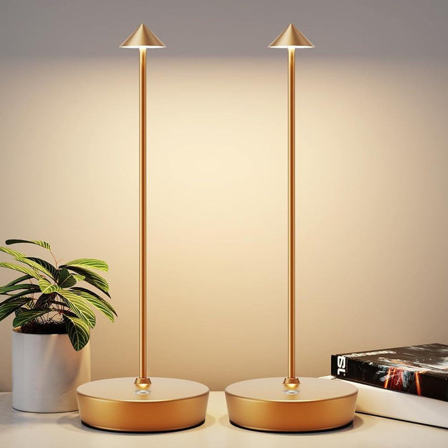YIBEN 2Pack Rechargeable Cordless Table Lamp, Portable Powered LED Battery 6000mAh Metal USB Desk Lamp, 3 Levels Brightness Light for Restaurants Outdoor (2pack Gold)