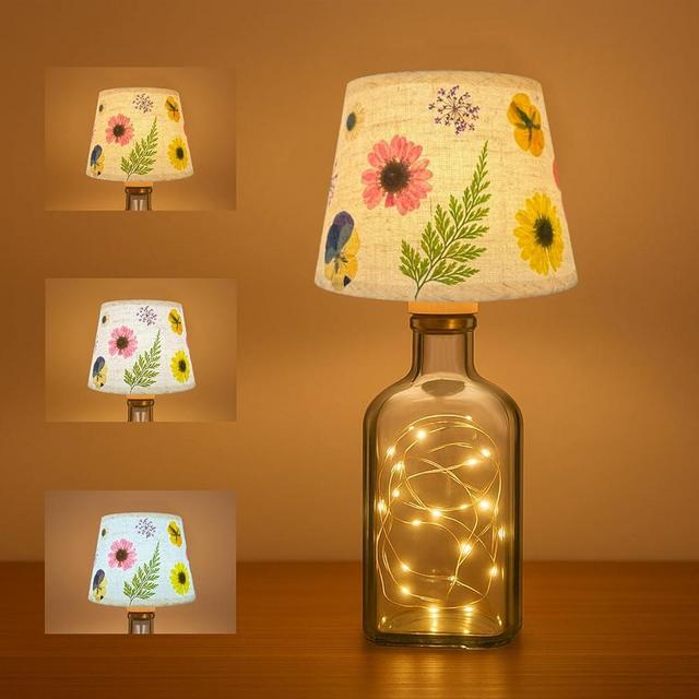 Baquler Pressed Floral Wireless Bottle Lamp Shade Flower Wine Bottle Lamps LED 3 Color Rechargeable Cute Vintage Cottage Table Light for Bars Home Office Fall Christmas Housewarming Gifts