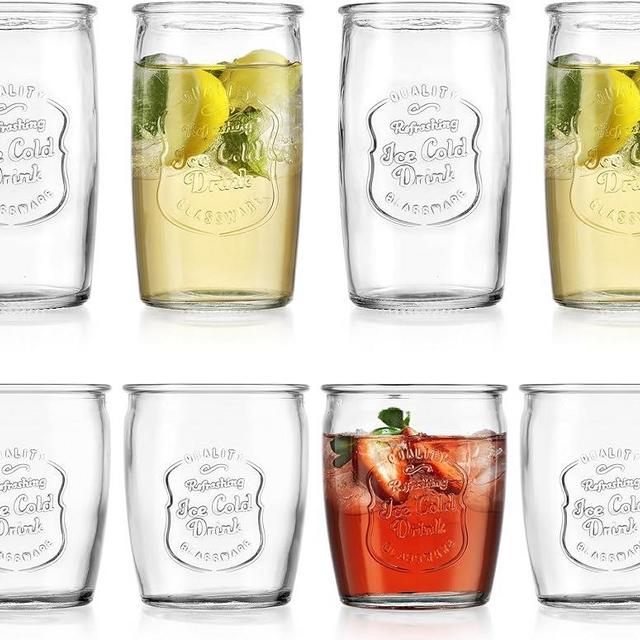 Glaver's Ice Cold Set of 8 Drinking Glasses 4-20 Oz Highball Glasses, and 4-13 Oz Whiskey Glass Cups For Everyday Home Use Water glasses, Beer, Juice, Cocktail.