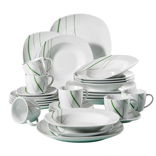 VEWEET 30-Piece Ceramic Dinnerware Set Ivory White Plate Sets Green Stripe Patterns Kitchen Plates, Service for 6 Dinner Plate, Salad Plate (Aviva Series)