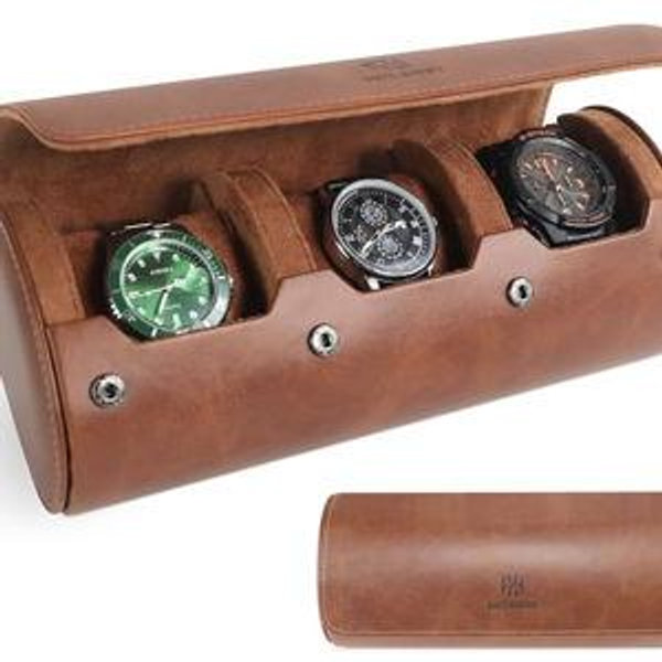 Watch Roll Travel Case for Men and Women: 3 Watch Travel Roll - Storage Box Organizer and Display Case for Wristwatches & Smart Watches up to 50mm (Brown)