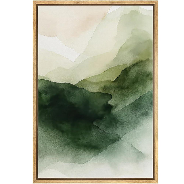 MUDECOR Framed Canvas Print Wall Art Abstract Landscape Wall Art Green Mountain Watercolor Illustrations Fine Art Mid-Century Modern Multicolor for Living Room, Bedroom, Office - 24"x36" NATURAL
