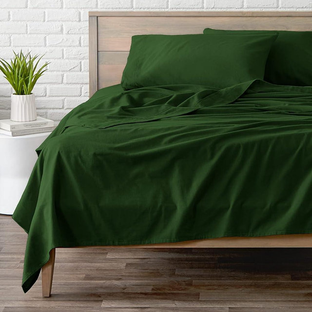 Bare Home Flannel Sheet Set 100% Cotton, Velvety Soft Heavyweight - Double Brushed Flannel - Deep Pocket (Queen, Forest Green)