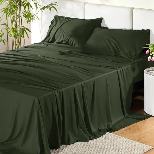 Rayon Derived from Bamboo Sheet Set 4 Pcs Olive Green Queen Cooling & Moisture-Wicking Bedding with Deep Pockets