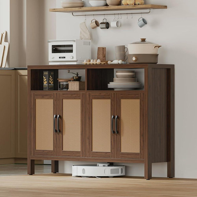 Mericonia Rattan Buffet Cabinet with Storage, Sideboard with Doors, Console Table, Farmhouse Coffee Bar, Modern Wood Storage Cabinets TV Stand(Walnut 2.0)