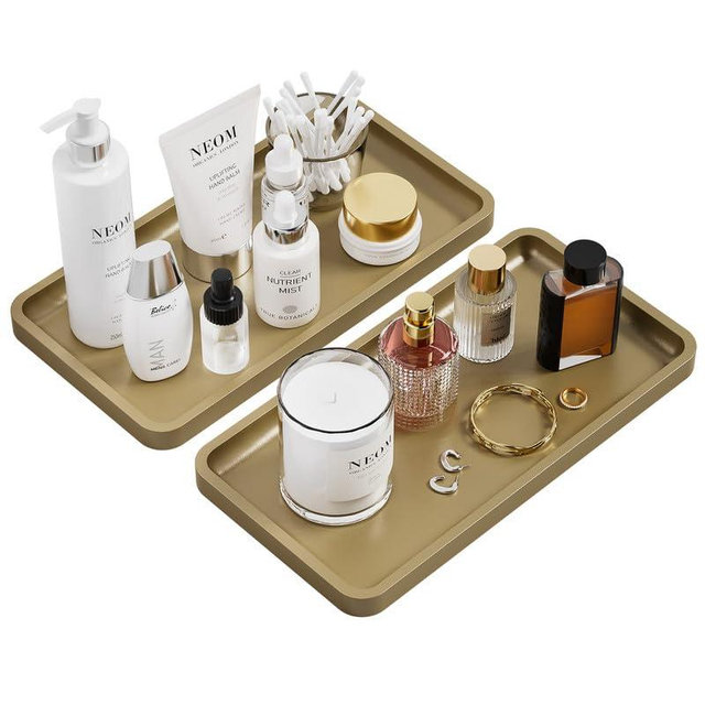 Weenson Gold Bathroom Vanity Tray for Countertop Jewelry Makeup Perfume Candles Decor, Bamboo Kitchen Tray for Soap Dispenser Spice Salt, Gold Tray for Toilet Tank Coffee Nightstand Set of 2