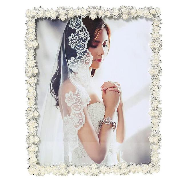 8x10 Picture Frame with Pearl for Wedding, Silver Plated Photo Frames with High Definition Glass Frames with Rhinestones, 8x10 Photo Frame for Wedding Gift, Tabletop or Wall Mounting Display for Bedroom Living Room