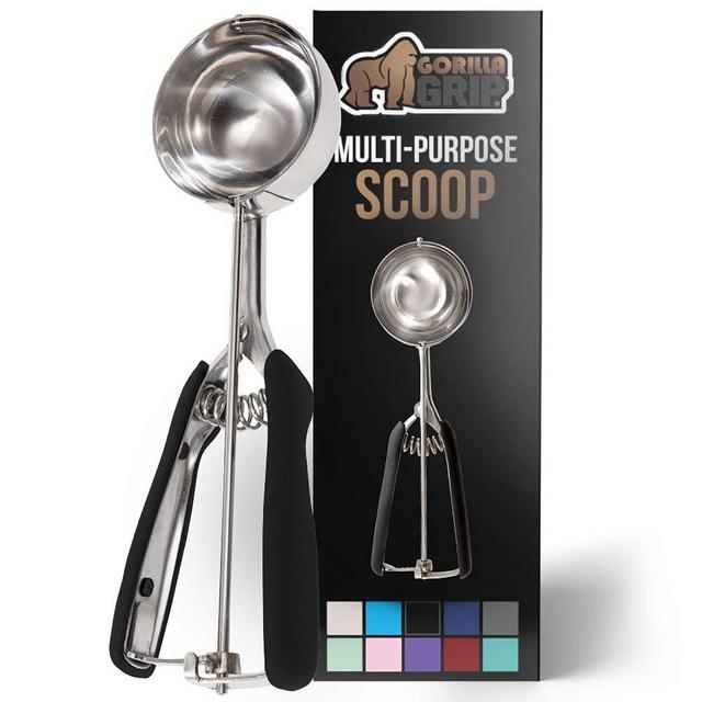 Gorilla Grip Premium Stainless Steel, Spring-Loaded Scoop for Fruit, Cookie and Ice Cream, Easy Squeeze and Clean Release, Comfortable Handle, 8 TBSP Scooper Size 8, Uniform Portions, Black