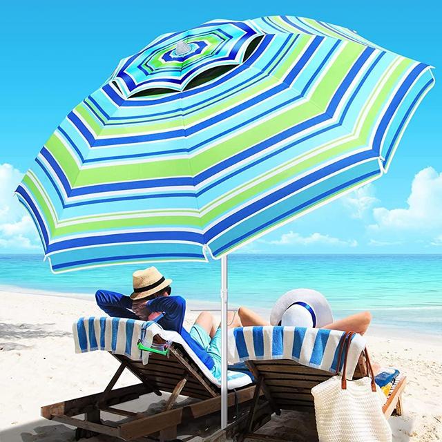 Beach Umbrella for Sand Wind Portable: 7FT Arc Length 6.5FT Diameter Heavy Duty Wind Resistant Striped Large Umbrellas UV 50+ Parasol with Anchor Screw Adjustable Height Tilting Pole 8 Ribs Carry Bag Lightweight