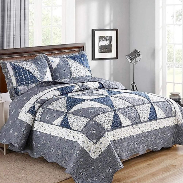 Oversized King Size Grey Floral Plaid Patchwork Quilt Set 128x120 Extra Wide Super King Size Rversible Quilted Bedspread Coverlet Set 3-Piece Comforter Bedding Set Bed Cover with 2 Pillow Shams