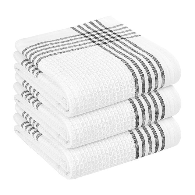 HEIRLOOM COMFORT Black and White Kitchen Towels 3 Pack, 16x26 Inch, 100% Cotton Waffle Weave, Super Absorbent, Quick Dry, Reusable Dish Towels for Cleaning, Drying, Cooking, Washing