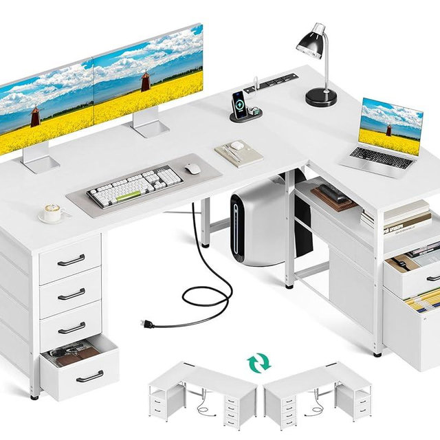 Coleshome L Shaped Computer Desk with 6 Drawers & Power Outlet, 55 Inch Corner Desk with Reversible Storage Shelf & File Drawer, Home Office Desk, White