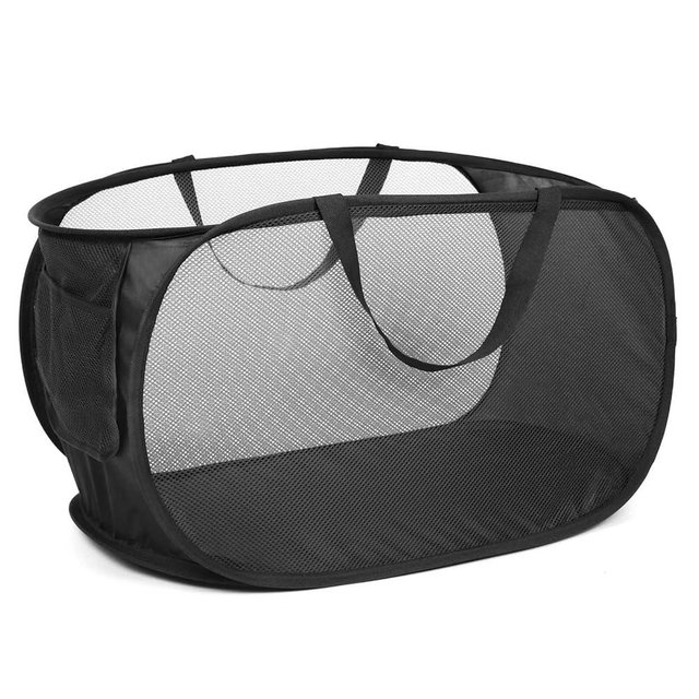 Durable Collapsible Laundry Baskets, Mesh Pop Up Laundry Hamper with Side Pocket, Foldable Clothes Storage Hamper with Reinforced Carry Handles for Laundry, Bathroom, Kids Room, Dorm or Travel Black