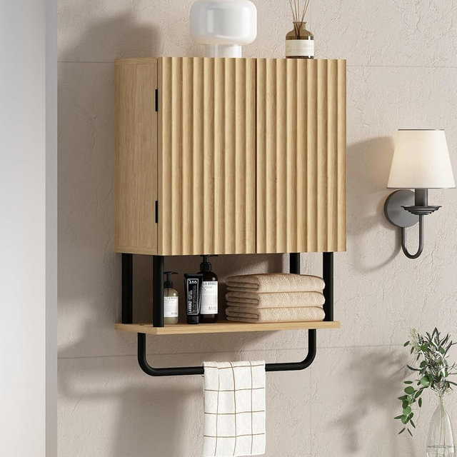 RUSTOWN Farmhouse Bathroom Wall Cabinet with 2 Door, 3-Tier Curved Profile Wooden Medicine Cabinet, Wall Mounted Storage Cabinet with Adjustable Shelf and Towel Bar (Natural, Small)