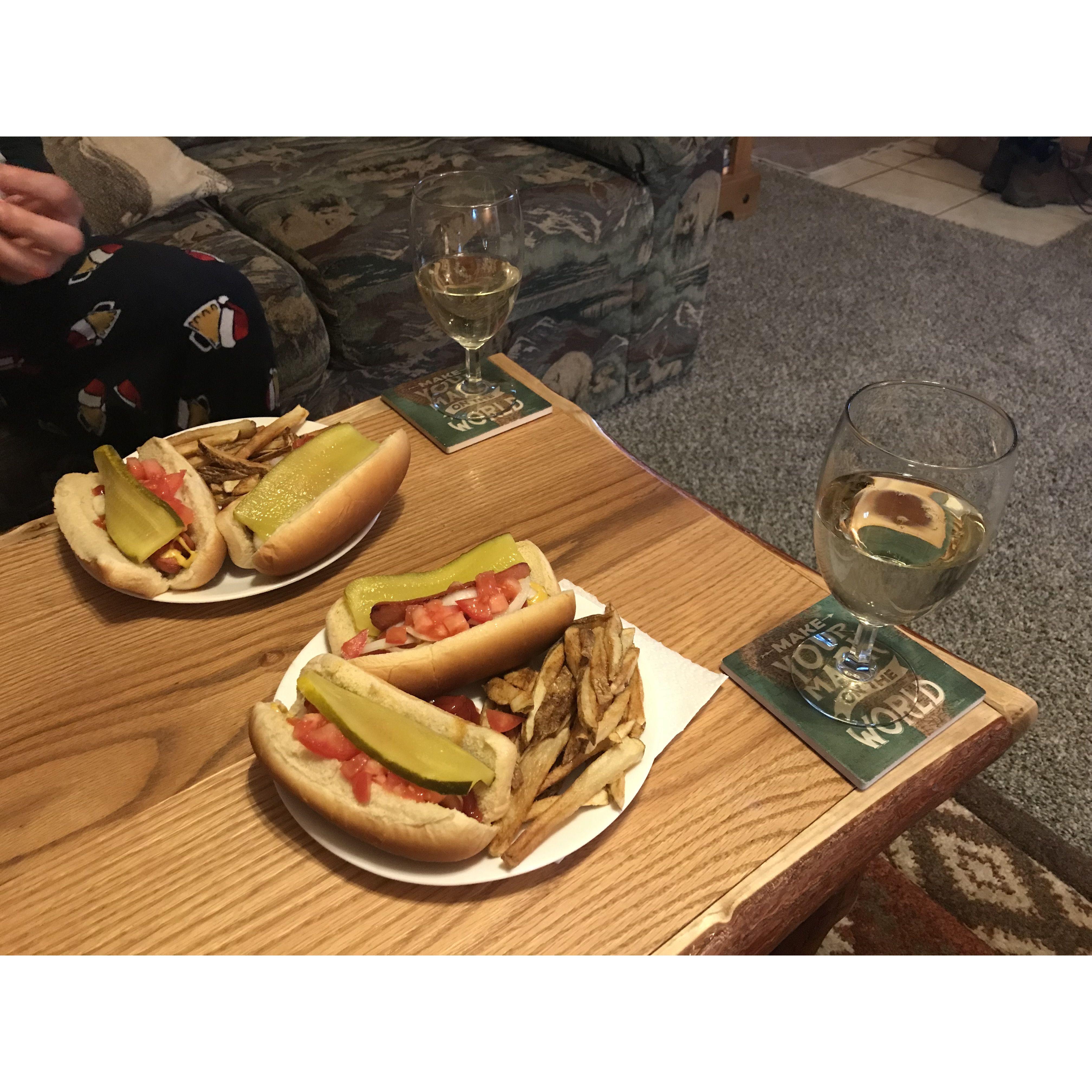 Our romantic dinner of hot dogs and prosecco right before Pedro proposed.