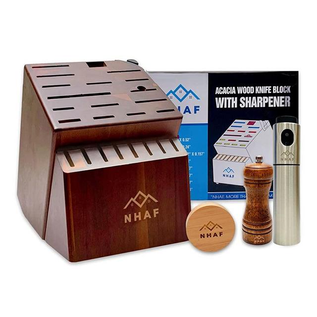 24 Slot Knife Block without Knives, NHAF Premium Wooden Knife Storage Block with Built-in Sharpener, Acacia and Rubber Wood Knife Blocks, Cooking Gifts for Mom (3 gift accessories included)