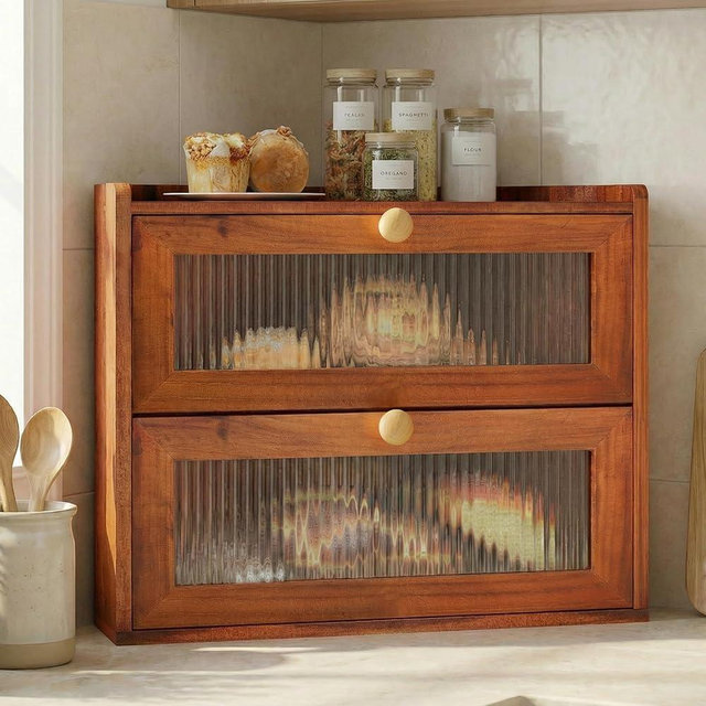 Parakatoikos Corner Bread Box for Kitchen Countertop, Large Wooden Farmhouse Vintage 2 Tier Bread Container for Sourdough Loaf & Homemade Bread, Counter Organizer for Bread, Cup, Fruit, Spice, Snack