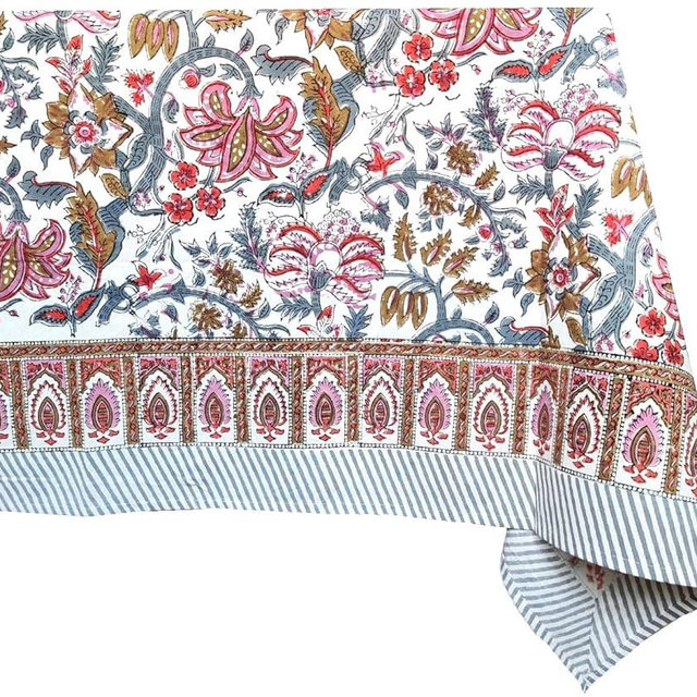 ATOSII Eden 100% Cotton Tablecloth, Handblock Floral Print Rectangle Linen for Kitchen Dining I Parties Wedding Christmas Thanksgiving Outdoors I Spring Summer 60 X 90 Inches I 6 Seater Table