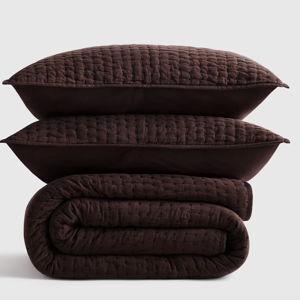 European Linen Cotton Stitch Quilt Set - Espresso, Full/Queen