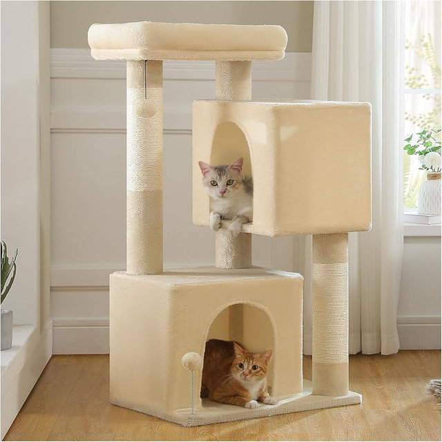 UYMI XL Cat Tree 44" Cat Tower for Large Cats 20 lbs+, 2 Spacious Caves with 3.4" Thickened Scratching Post, Large Top Perch, 2 Interactive Toys, Beige