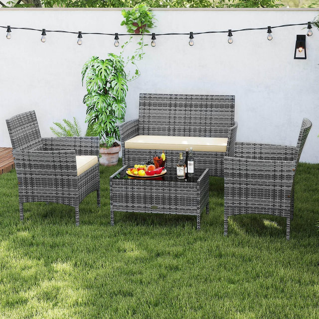 Costway 4 PCS Patio Furniture Set with Washable Cushions and Tempered Glass Coffee Table
