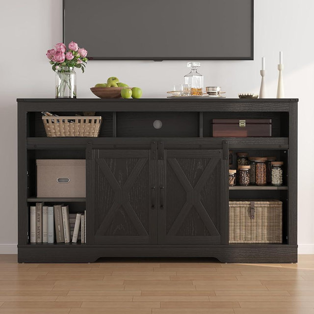 RoyalCraft Farmhouse TV Stand for 23" Fireplace, 34'' Tall Entertainment Center for 65+ Inch TV, Rustic TV Console with Sliding Bar Door for Living Room (Black)
