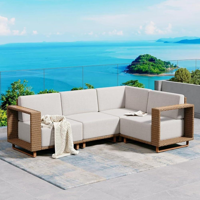 SUNSHINE VALLEY L Shaped Patio Furniture,Outdoor Rattan Wicker Sectional Sofa with 10''Ultra-Thick Cushions,All Weather Patio Conversation Set for Lawn Garden Backyard,Beige