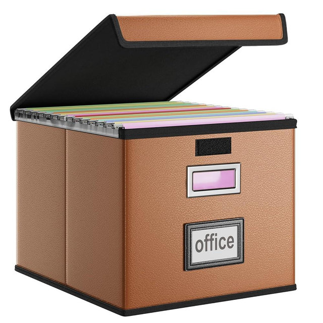 Huolewa Faux Leather File Organizer Box with Lid, Collapsible Hanging File Folder Box Organizer with Plastic Slides, Decorative Home/Office Filing System Boxes for File and Folder Storage