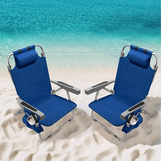 5-Position Aluminum Lay Flat Tall Backpack Beach Chairs Portable, 2 Pack, High Beach Chairs for Adults with Cooler Pouch, Storage Pouch, Towel Bar, Cup Holder & Phone Holder, Navy