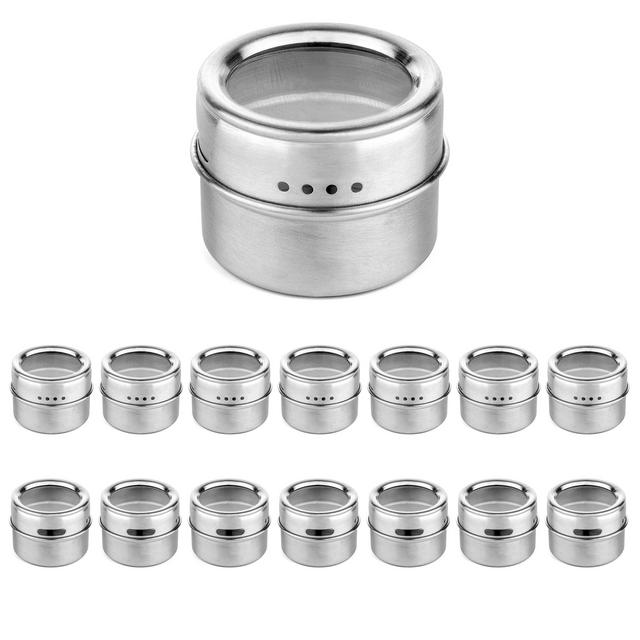 15 Magnetic Spice Tins with Strong Clear Top Lid. Stainless Steel Round Storage Spice Jar, Shake or Pour lid, Magnetic Canisters, Magnetic on Refrigerator and Grill. Set of 15 Tins.