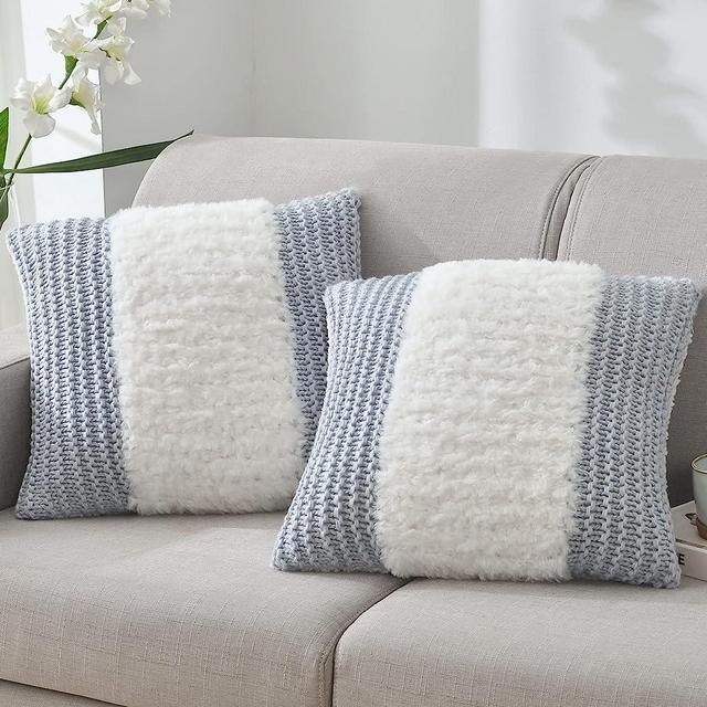 DECOSY Faux Fur Cable Knit Blue Grey Throw Pillow Cushion Covers 18x18 Set of 2, Decorative Soft Pillow Case for Sofa, Couch, Livingroom, Modern Farmhouse Home Decor, Blue Grey, Fur in The Middle