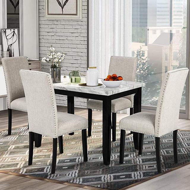 LZ LEISURE ZONE Dining Table Set Kitchen Dining Table Set for 4, Wood Table and Chairs Set (White/Beige)