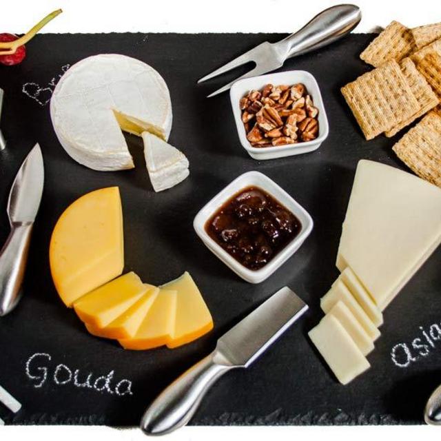 Slate Cheese Board Set | 9 pcs - 16&quot; x 12&quot; Serving Tray, Stainless Steel Cheese Knife Set with Ceramic Bowls + Soapstone Chalk