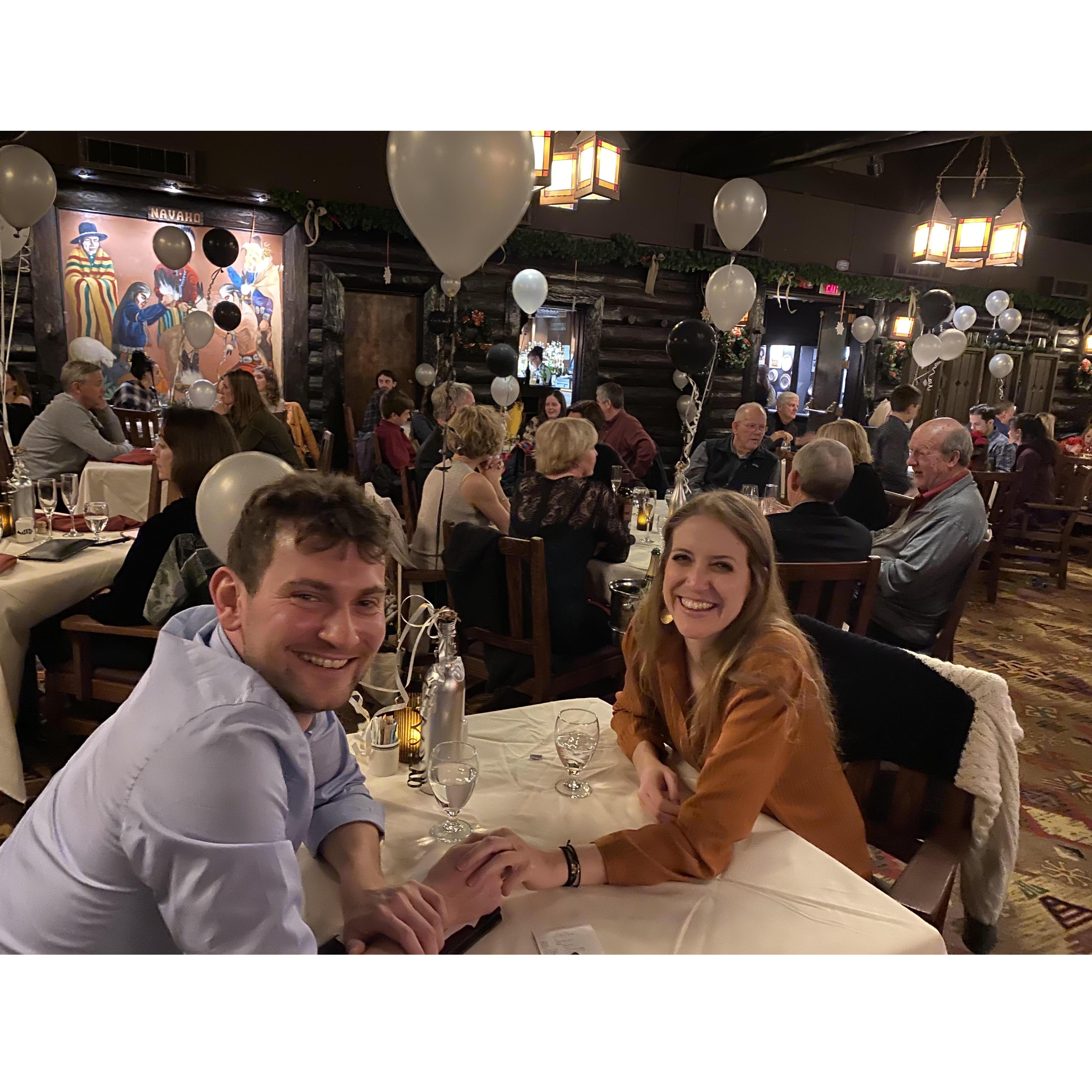Right after getting engaged, New Year's eve dinner at El Tovar at the Grand Canyon 
(featuring Alex's special Michigan haircut)
