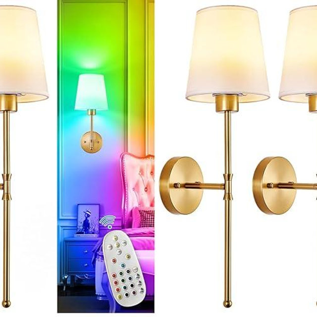 Depuley Battery Operated Wall Sconce: Set of 2 Wireless Wall Lights with Remote for Bedroom - Rechargeable 15 Colors Gold Wall Lamp for Living Room Hallway (Pack of 2)