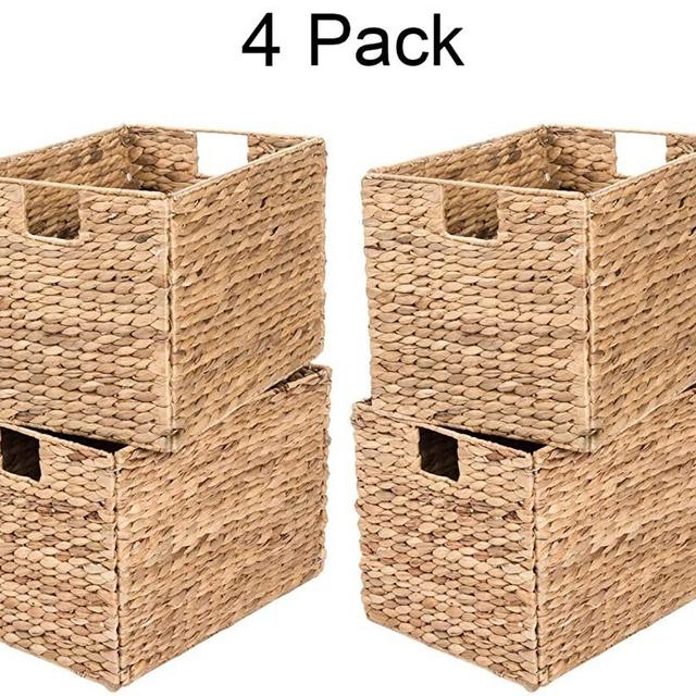 Yankee Trader 4 Decorative Hand-Woven Small Water Hyacinth Wicker Storage Basket, 13x11x11 Perfect for Shelving Units
