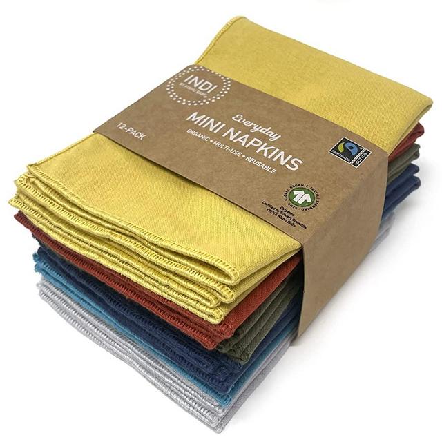 Indi by Kishu Baby - Organic Cloth Napkins - 12 Pack Assorted Earth Tone Colors - Mini Size 12.5 x 9.5 Inches - Ultra Soft, Fairtrade, GOTS Certified, 100% Organic Cotton Muslin (Fiesta)