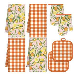 8 Pcs Kitchen Accessories Set Include 4 Kitchen Towels 2 Oven Mitts 2 Heat Resistant Designer Pot Holders for Cooking, Baking and Grilling(Orange)