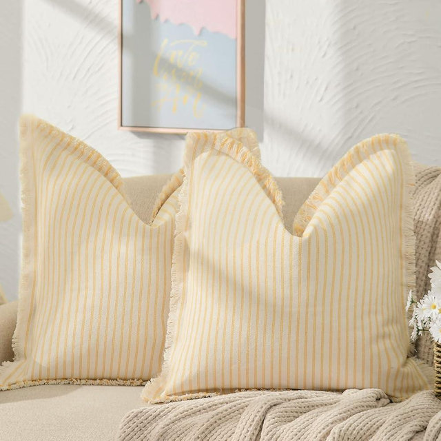 ZWJD Throw Pillow Covers 24x24 Set of 2 Striped Pillow Covers with Fringe Chic Cotton Decorative Pillows Square Cushion Covers for Sofa Couch Bed Living Room Farmhouse Decor