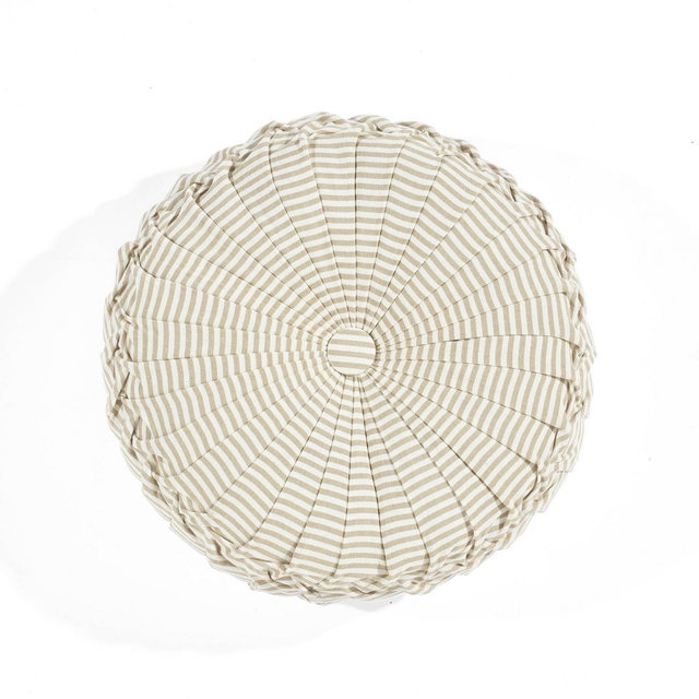 14" Farmhouse Ticking Striped Yarn Dyed Pleated Round Throw Pillow Beige - Lush Décor